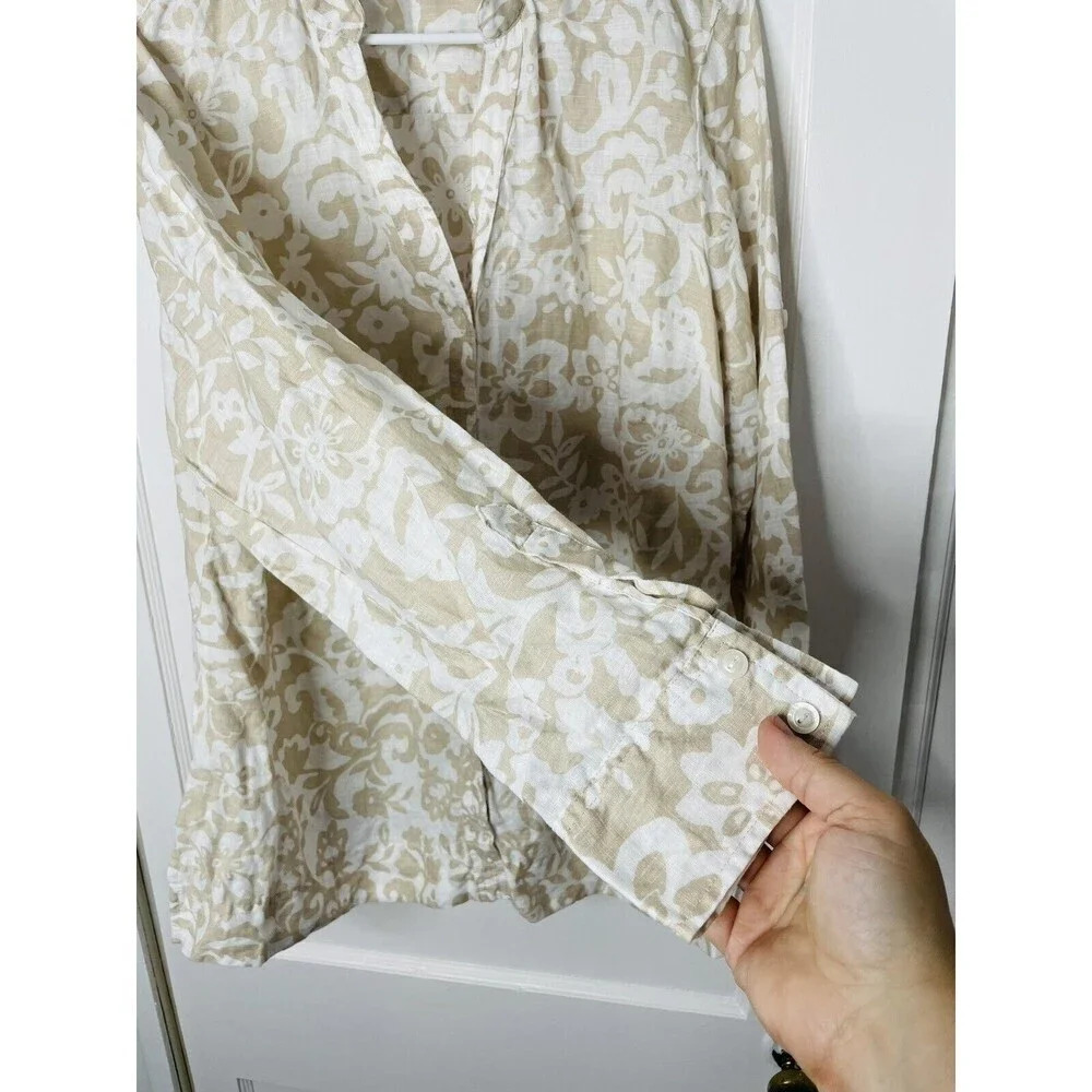Charter Club 100% Linen Button Up Women Sz 16W Shirt White Tan Floral Woven - Picture 2 of 7